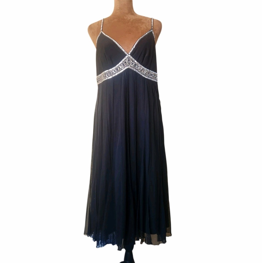 Vintage Y2K Dress Black Mesh Overlay Size‎ 10 Silver Sequins Whimsy Fairy Beaded